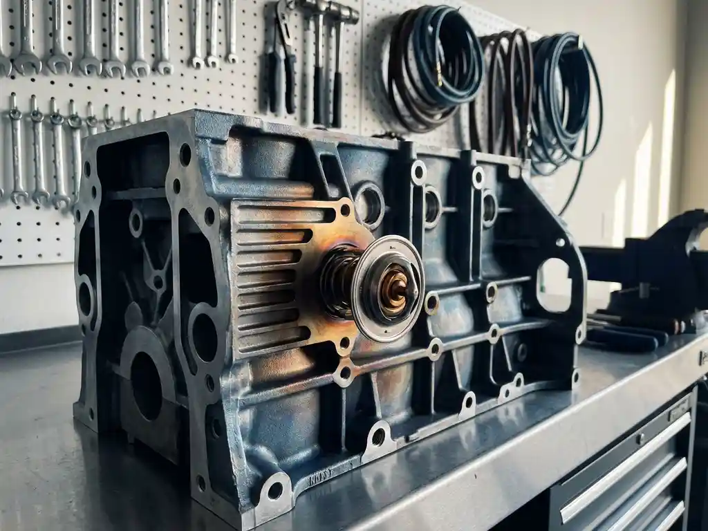 Engine block with central thermostat component showing heat stress patterns from blue-gray to amber tones in automotive workshop