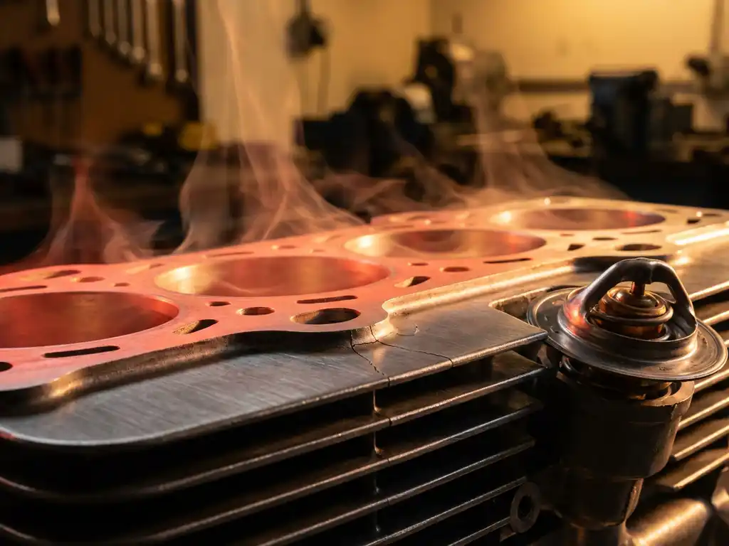 Metal engine block with heat distortion waves rising from glowing red-hot cylinders and stress fractures on aluminum cooling fins