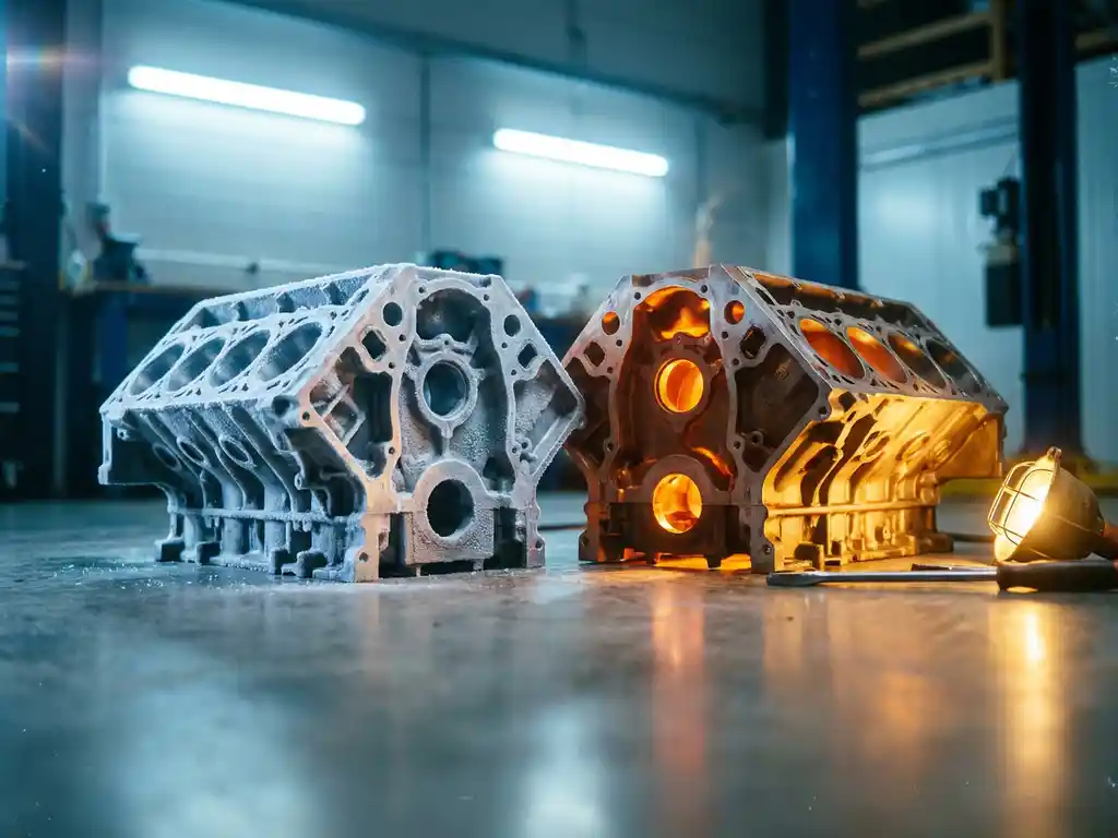 Car engine block showing frost crystals on left side contrasting with warm orange glow on right, demonstrating extreme temperature effects in automotive workshop