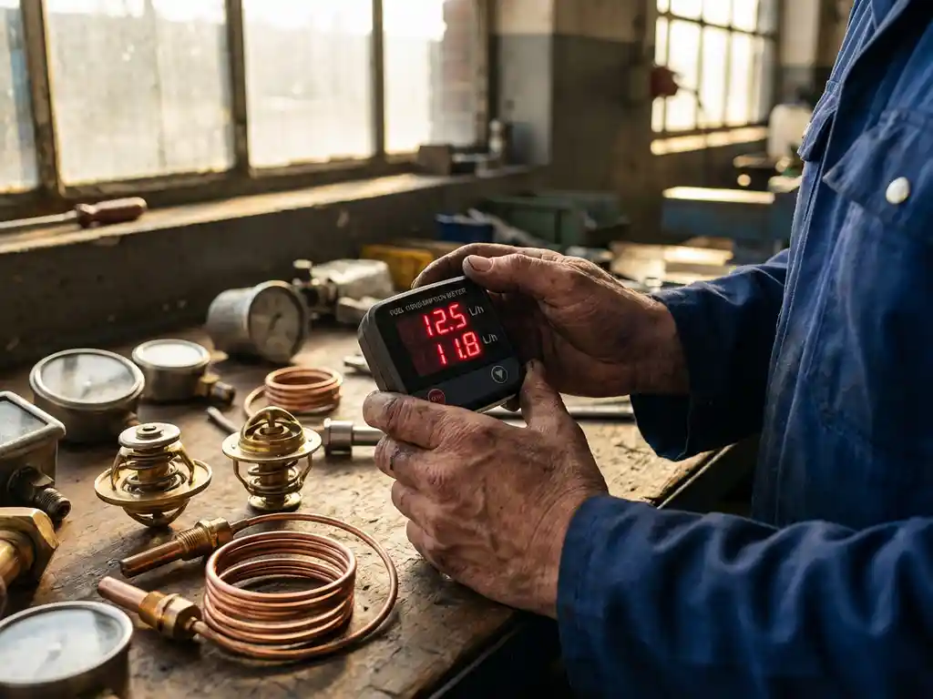 Fleet manager's hands holding digital fuel gauge showing decreasing consumption numbers on workshop bench with engine thermostats and temperature sensors