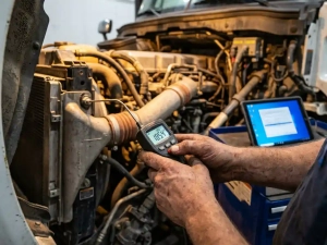 Fleet manager's hands holding digital thermometer over truck engine bay with cooling components and thermal sensors