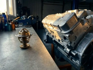 Precision thermostat component beside car engine block with melting frost crystals in golden morning sunlight