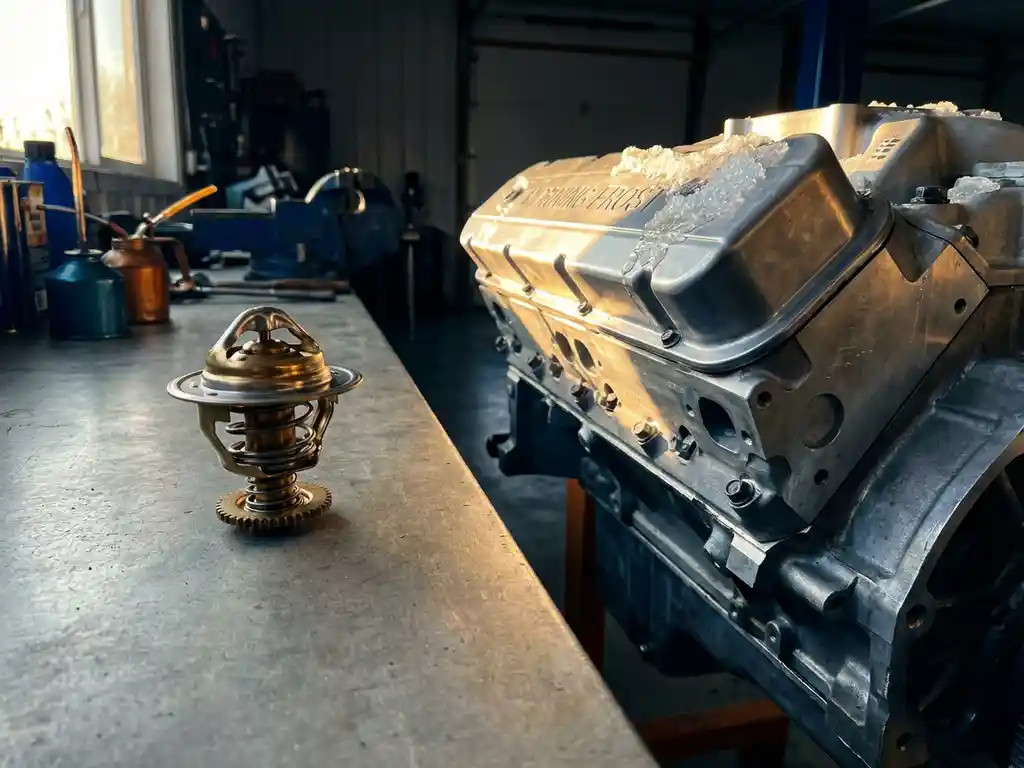 Precision thermostat component beside car engine block with melting frost crystals in golden morning sunlight