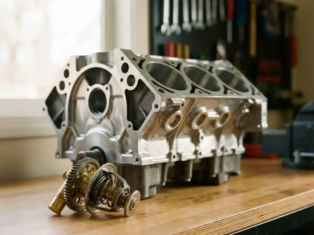 Engine block with thermostat component on workshop table, showing brass and steel details under soft lighting