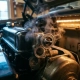 Precision thermostat valve with temperature markings beside automotive engine block with steam rising from cooling passages