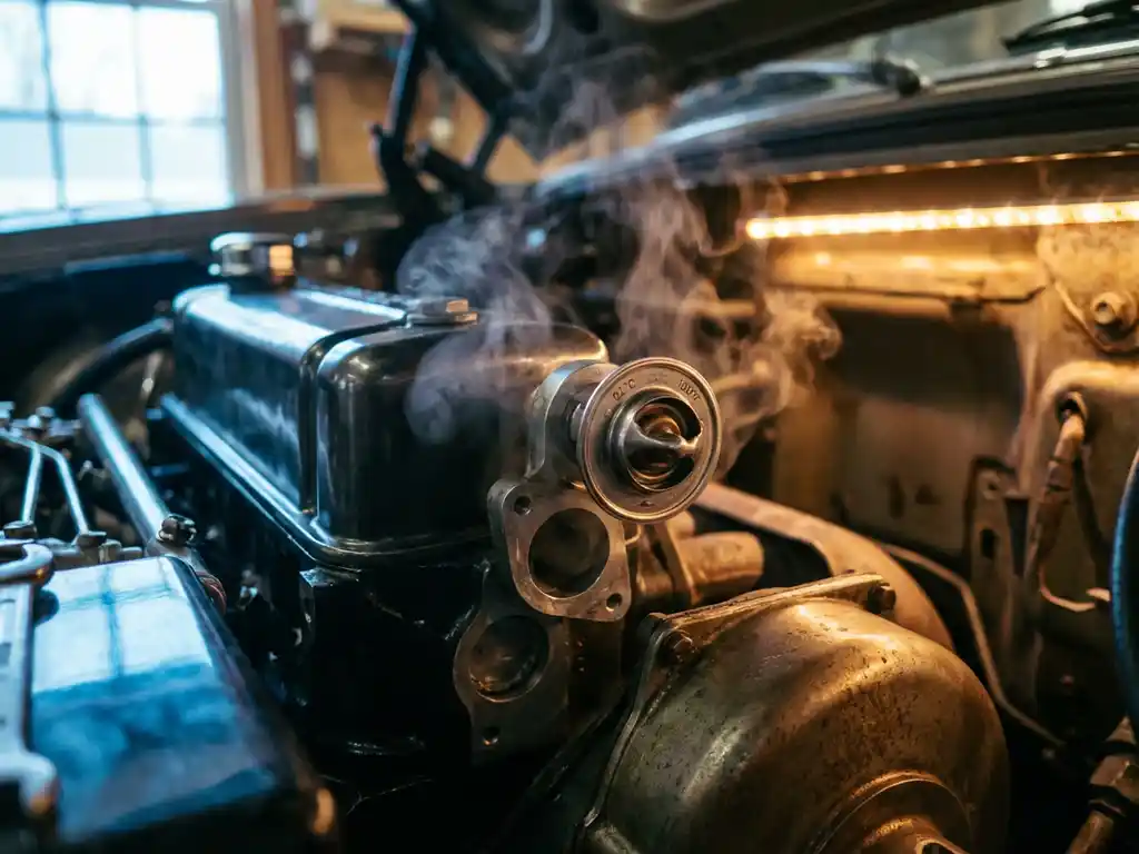 Precision thermostat valve with temperature markings beside automotive engine block with steam rising from cooling passages