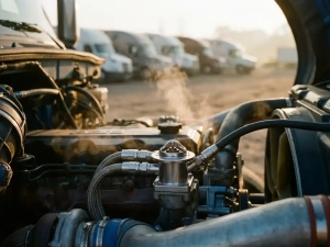 Modern truck engine bay with precision thermostat component, steam rising from warm engine block, commercial fleet in background