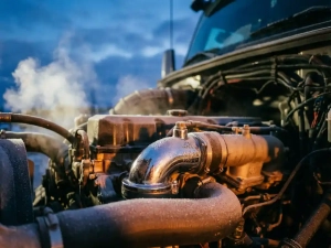 Commercial truck engine bay at dawn with chrome thermostat housing in foreground, frost crystals on metal surfaces catching golden sunrise light