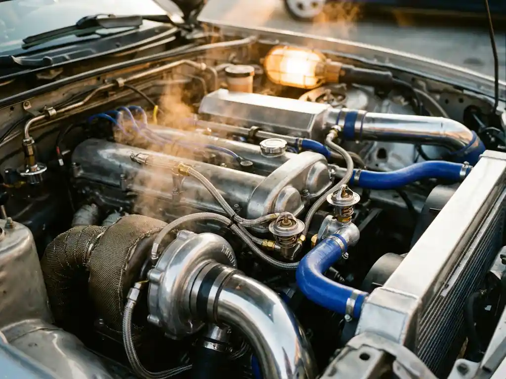 Turbocharged engine bay showing chrome intercooler pipes, heat exchangers, thermostats and temperature sensors with steam rising from hot metal surfaces