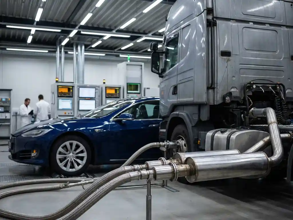 Family sedan and commercial truck connected to emission testing equipment in automotive facility with LED lighting