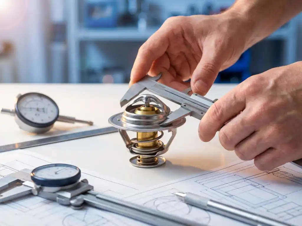 Automotive thermostat with brass valve mechanism on white desk surrounded by measurement tools and technical blueprints