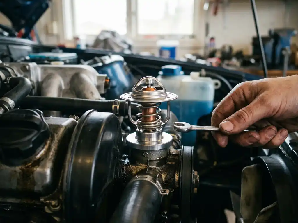 Automotive thermostat with exposed wax-filled actuator mechanism on engine block surrounded by coolant hoses and components