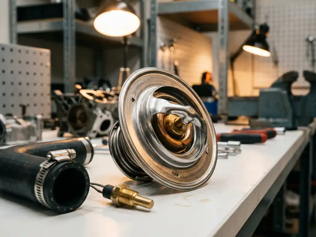Automotive thermostat with brass valve mechanism on white workbench surrounded by radiator hose and temperature sensor components