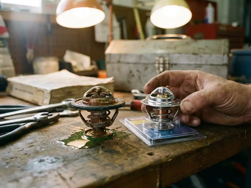 Worn corroded automotive thermostat next to new chrome replacement on mechanic's workbench with coolant and tools