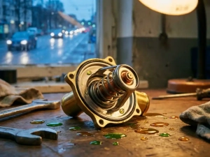 Precision automotive thermostat with metal housing open on workbench showing internal spring mechanism and wax element