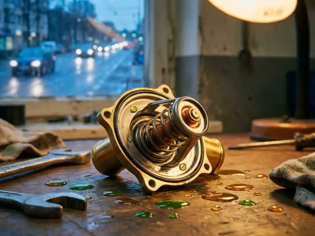 Precision automotive thermostat with metal housing open on workbench showing internal spring mechanism and wax element