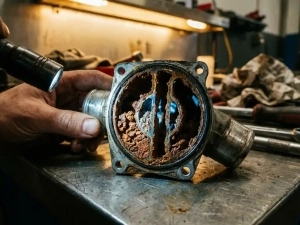 Cross-sectioned automotive thermostat housing showing severely clogged coolant passages filled with rust-colored sediment and mineral deposits on workshop bench
