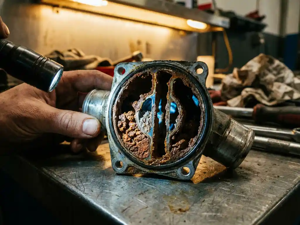 Cross-sectioned automotive thermostat housing showing severely clogged coolant passages filled with rust-colored sediment and mineral deposits on workshop bench