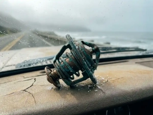 Corroded automotive thermostat with green-blue oxidation on weathered dashboard, ocean spray droplets and salt crystals visible