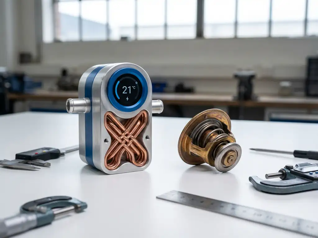 Electric vehicle thermostat with copper cooling channels next to traditional brass automotive thermostat on white engineering workbench with measurement tools