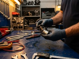 Mechanic's hands examining a precision thermostat component on workbench with diagnostic tools in automotive workshop