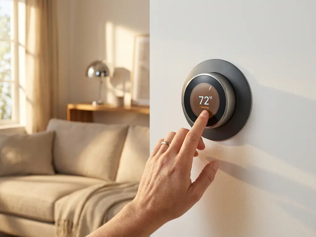 Hand adjusting modern smart thermostat with digital display on white wall in warm natural lighting