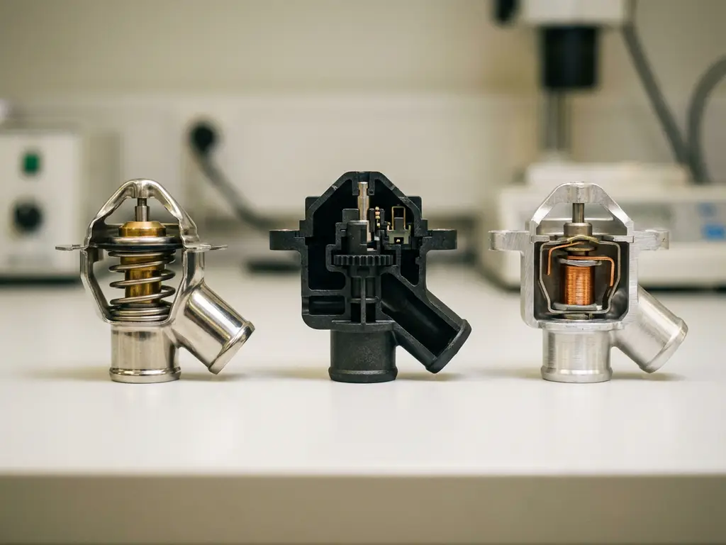 Three thermostat housings in stainless steel, black polymer, and brushed aluminum showing internal components on white lab surface