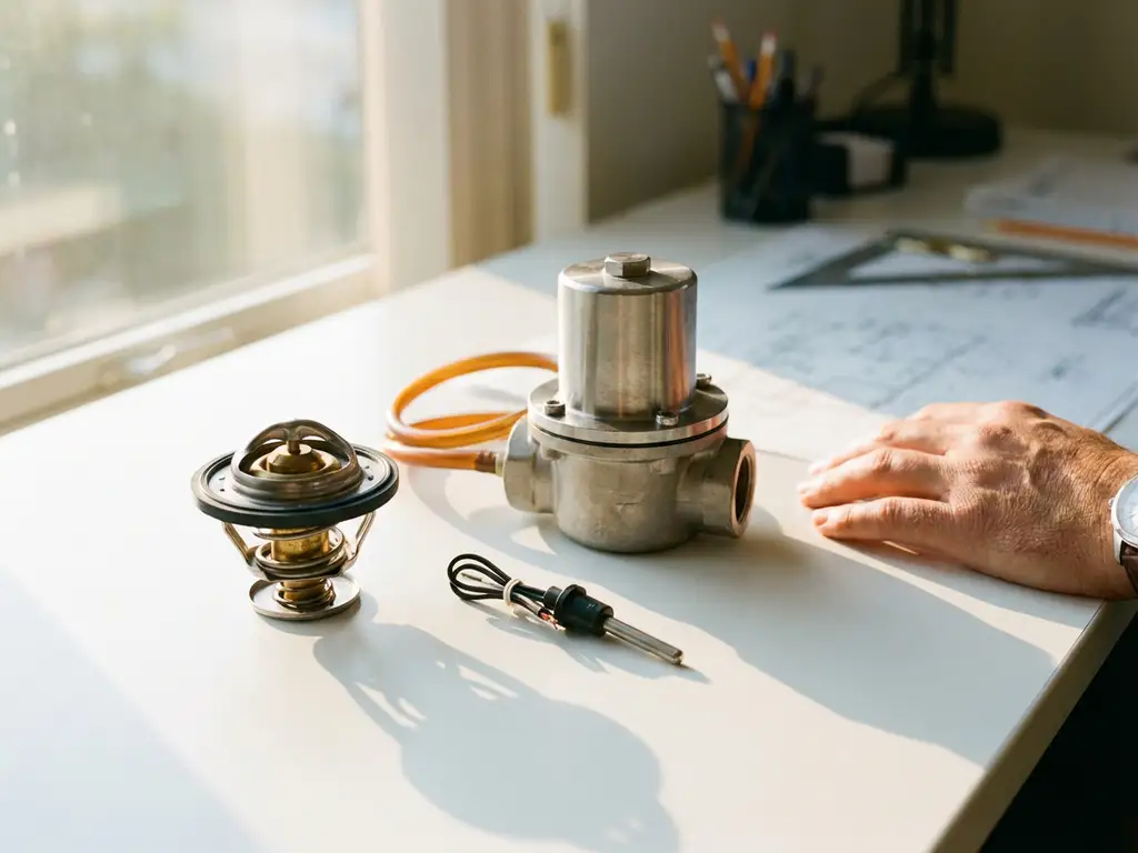 Various thermostat components including automotive wax-pellet thermostat, electronic temperature sensor, and industrial valve arranged on white engineering desk with warm natural lighting