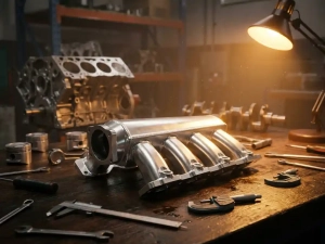 Polished aluminum intake manifold on a workshop bench with precision tools and disassembled engine block, warm amber light highlighting machined surfaces.
