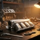 Polished aluminum intake manifold on a workshop bench with precision tools and disassembled engine block, warm amber light highlighting machined surfaces.