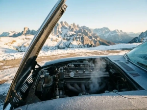 Precision car engine under open hood on a mountain road, snow-capped peaks in background, golden late-afternoon light across metal surfaces.