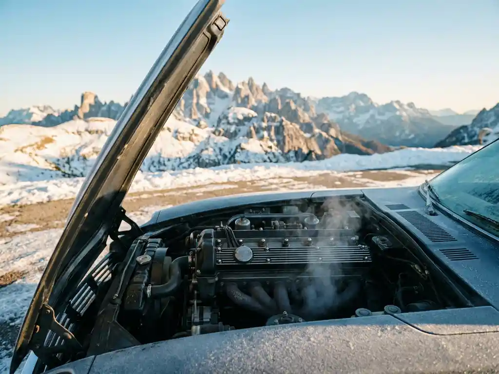 Precision car engine under open hood on a mountain road, snow-capped peaks in background, golden late-afternoon light across metal surfaces.