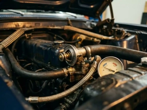 Automotive thermostat component inside open engine bay, surrounded by coolant hoses and metal tubing with temperature gauge visible nearby.