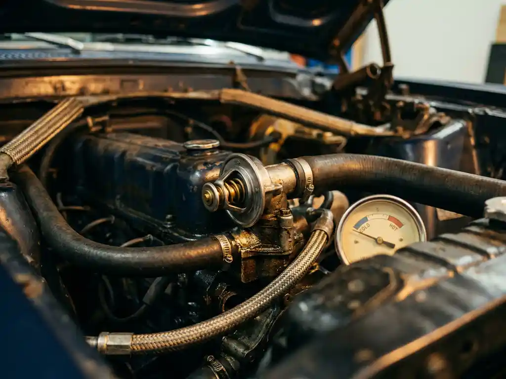 Automotive thermostat component inside open engine bay, surrounded by coolant hoses and metal tubing with temperature gauge visible nearby.