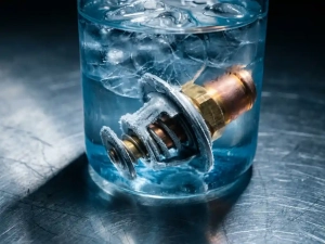 Automotive thermostat half-submerged in an ice bath, frost on metal housing, glowing amber end on a brushed steel test bench.