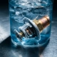 Automotive thermostat half-submerged in an ice bath, frost on metal housing, glowing amber end on a brushed steel test bench.