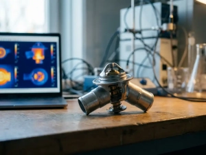 Automotive thermostat wax-element housing on a lab bench beside a laptop displaying thermal simulation heatmaps, lit by soft directional light.