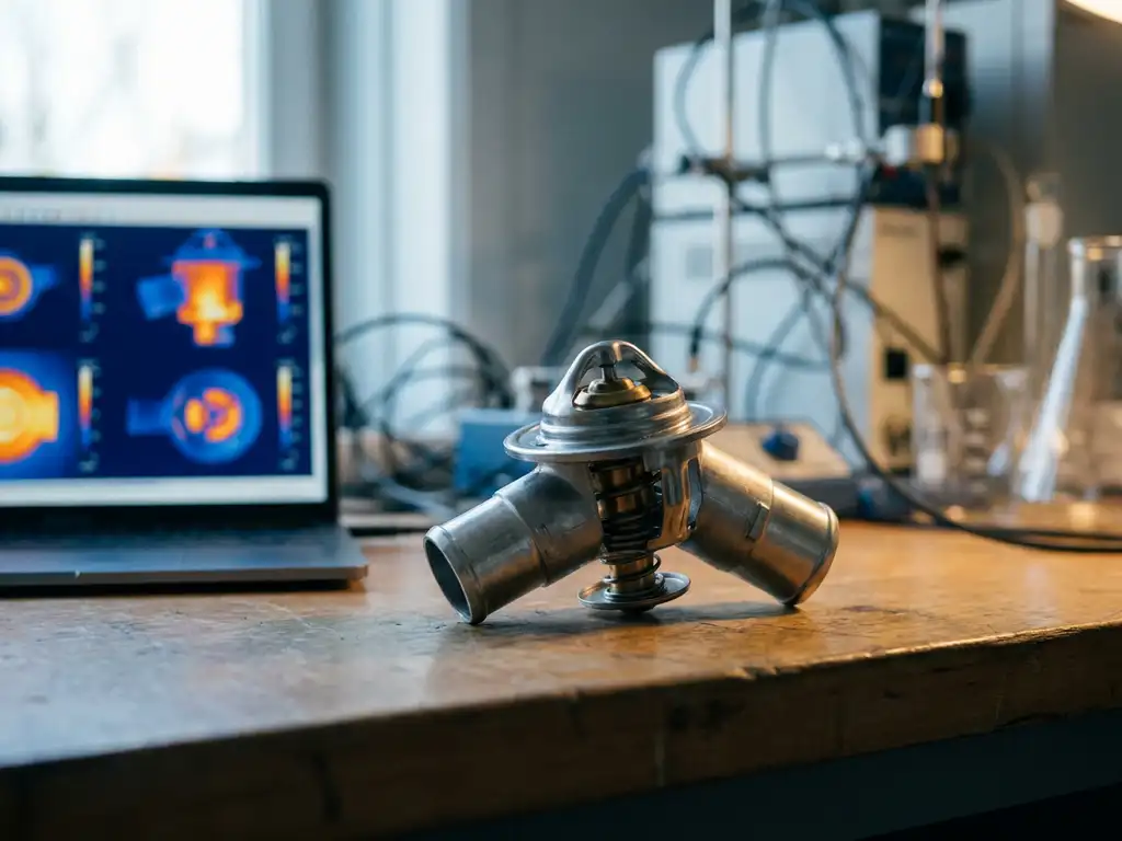 Automotive thermostat wax-element housing on a lab bench beside a laptop displaying thermal simulation heatmaps, lit by soft directional light.
