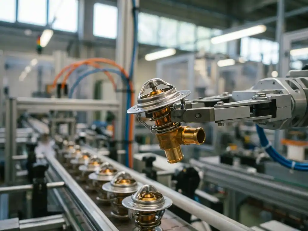 Robotic arm assembling a brass thermostat valve on an automotive manufacturing conveyor line with stainless steel parts in soft industrial lighting.