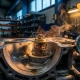 Precision car engine thermostat mounted in disassembled engine bay with temperature gauge showing optimal range, dramatic amber side lighting on machined aluminum parts.