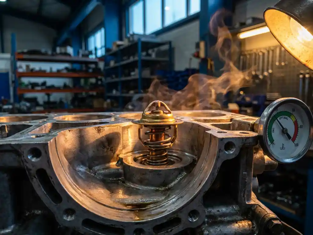 Precision car engine thermostat mounted in disassembled engine bay with temperature gauge showing optimal range, dramatic amber side lighting on machined aluminum parts.