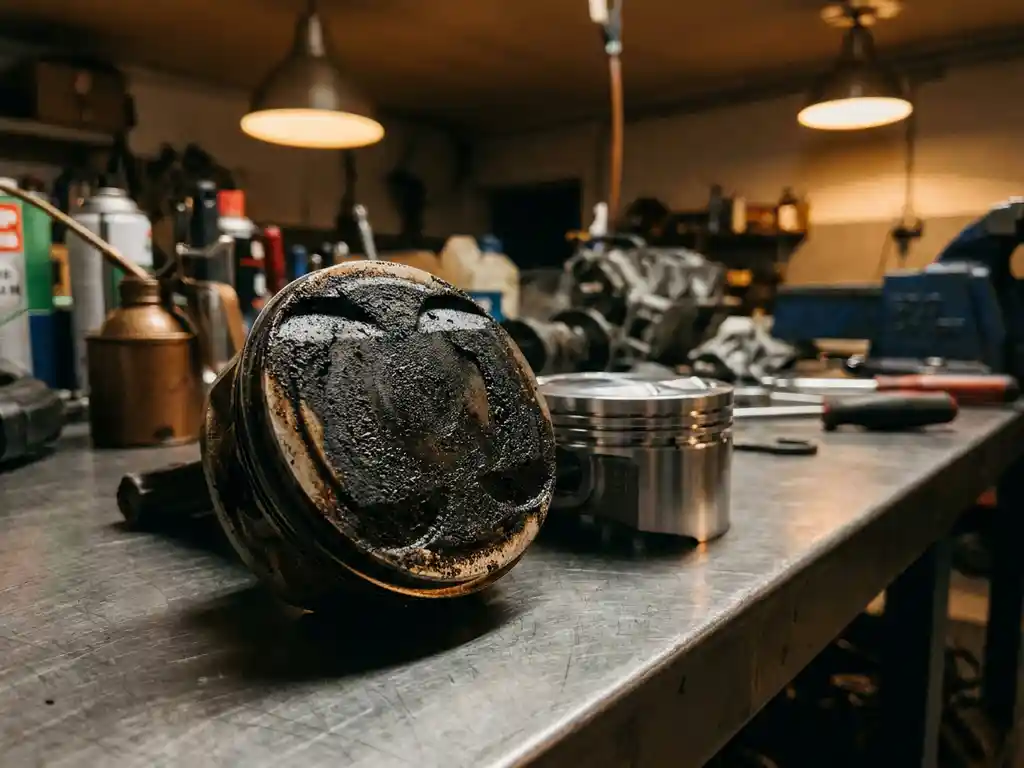 Carbon-clogged engine piston head coated in thick black deposits beside a clean comparison piston on a steel workshop surface.