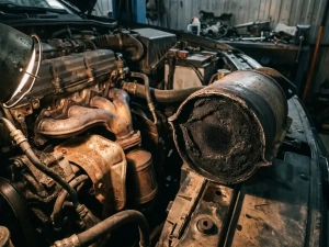 Clogged catalytic converter with heavy carbon buildup and blocked honeycomb core beside an engine bay with exhaust-stained components.