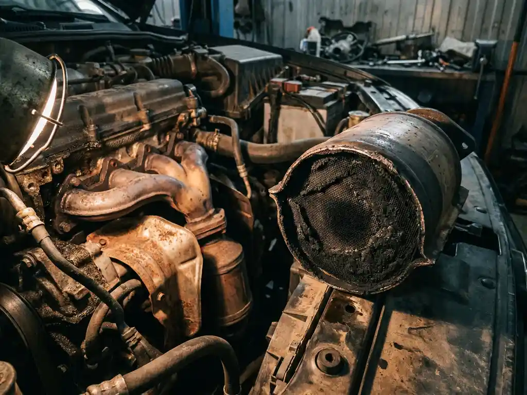 Clogged catalytic converter with heavy carbon buildup and blocked honeycomb core beside an engine bay with exhaust-stained components.