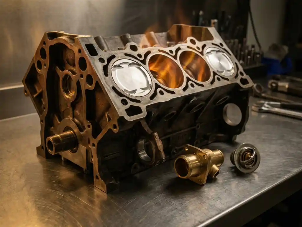 Cross-sectioned car engine block revealing pistons in cylinders, with a precision thermostat component on a steel workshop surface.