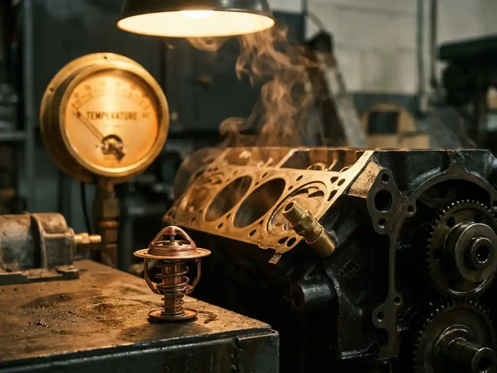 Precision car thermostat beside a disassembled engine block with heat shimmer, copper and charcoal tones in soft workshop lighting.