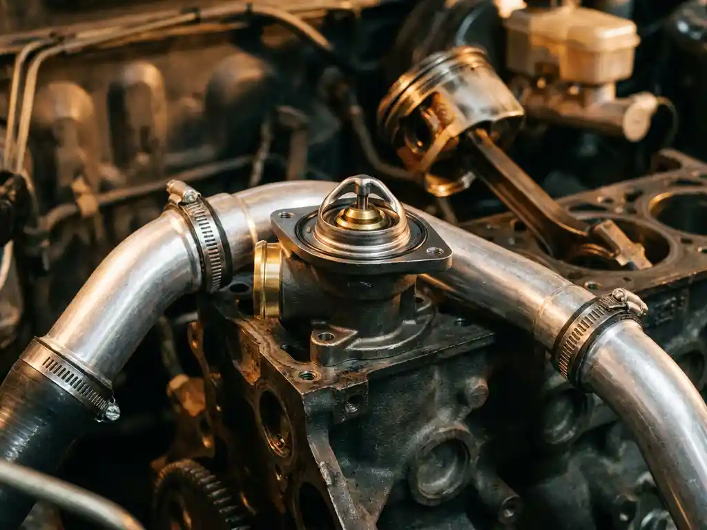 Precision-machined engine thermostat inside a disassembled car engine bay with aluminum cooling pipes and worn piston in background.