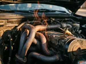 Clogged exhaust pipes under an open car hood with heat shimmer rising above corroded bends and a thermostat resting on the engine block.