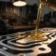 Golden synthetic motor oil pouring onto a precision-machined engine component, highlighting thermal channels under warm directional workshop lighting.
