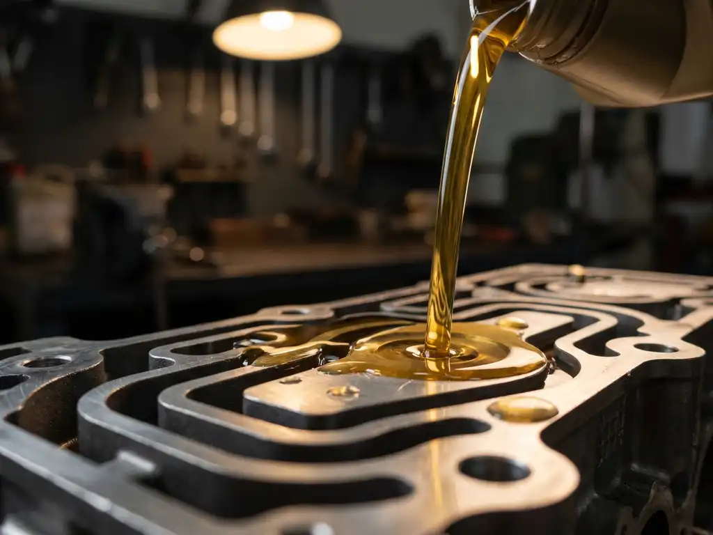 Golden synthetic motor oil pouring onto a precision-machined engine component, highlighting thermal channels under warm directional workshop lighting.